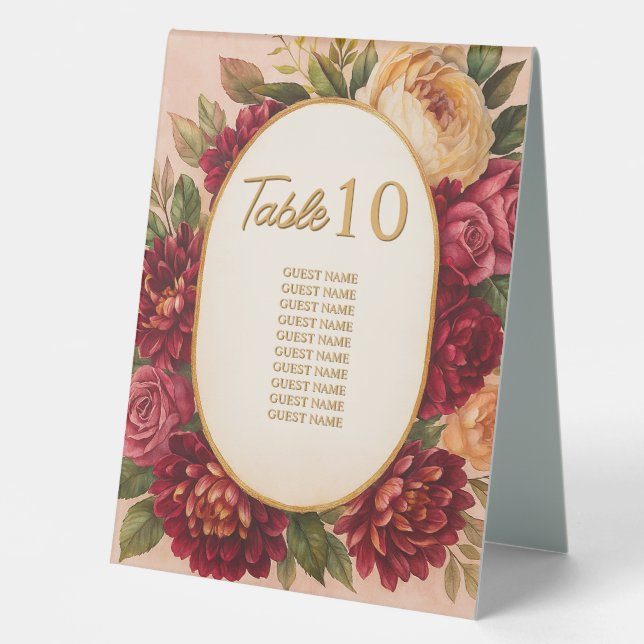 Blush Burgundy Floral Water Wedding Tischaufsteller (Vorderseite)