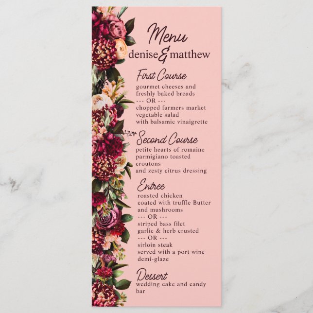 Blush Burgundy Floral Watercolor Menükarte (Vorderseite)