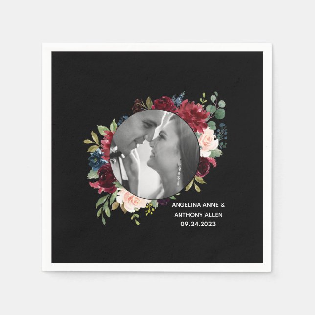 Blush Burgundy Foto Floral Moderne Hochzeit Serviette (Vorderseite)