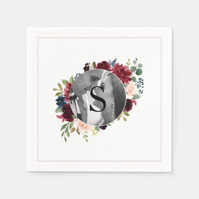 Blush Burgundy Foto Monogram Floral Wedding Napki Serviette (Vorderseite)