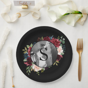 Blush Burgundy Foto Monogram Floral Wedding Pappteller