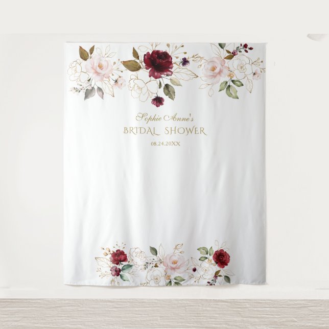 Blush Burgundy Gold Blume Hochzeitsstand Foto Wandteppich (Vorderseite)