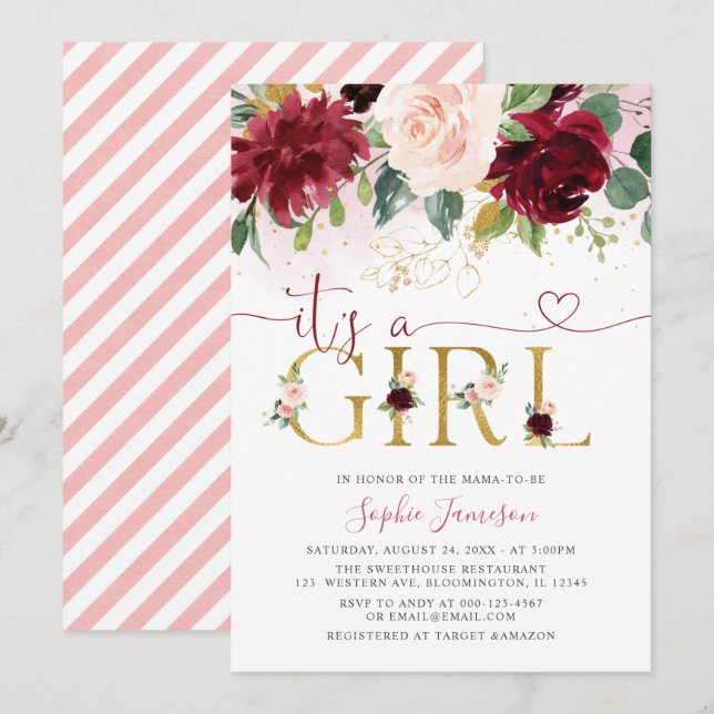 Blush Burgundy Gold Floral Es ist eine Girl Baby D Einladung (Vorne/Hinten)