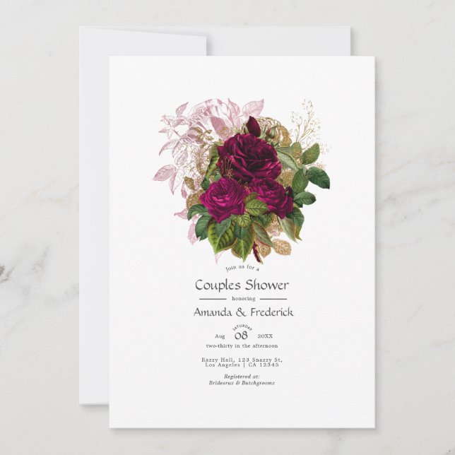 Blush Burgundy Gold Shabby Blumenpaare Dusche Einladung (Vorderseite)