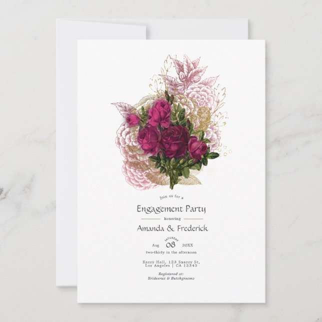 Blush Burgundy Gold Shabby Floral Engagement Party Einladung (Vorderseite)