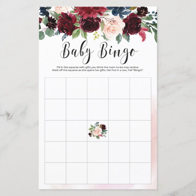 Blush Burgundy Marine Blumenbaby Dusche Bingo Spie (Vorderseite)