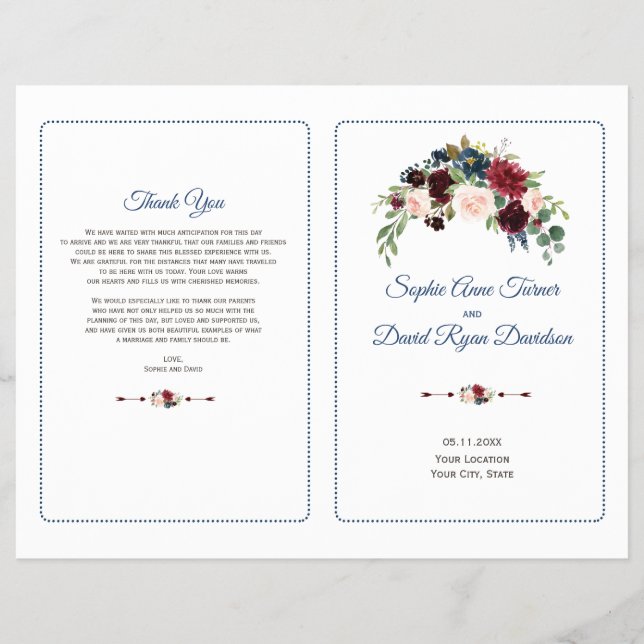 Blush Burgundy Marsala Floral Wedding Program Flyer (Vorne)