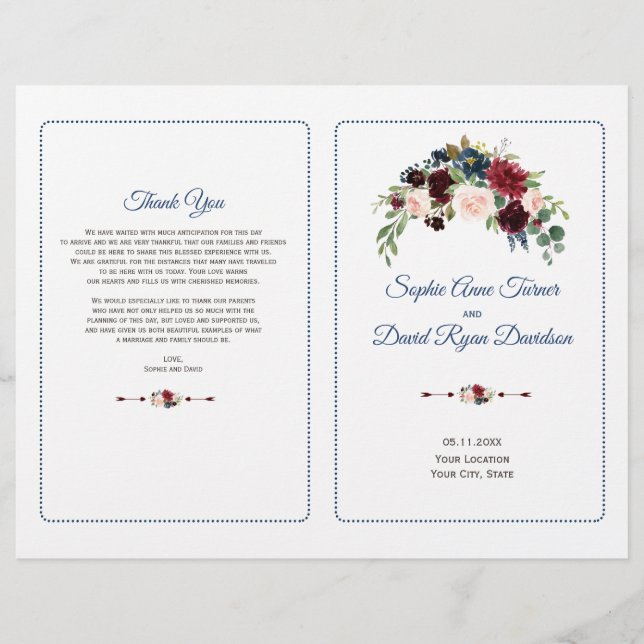 Blush Burgundy Marsala Floral Wedding Program Flyer (Vorne)