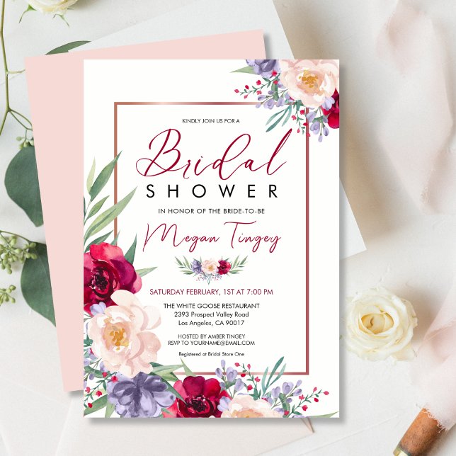 Blush Burgundy & Navy Blue Floral Brautparty Einladung (Von Creator hochgeladen)
