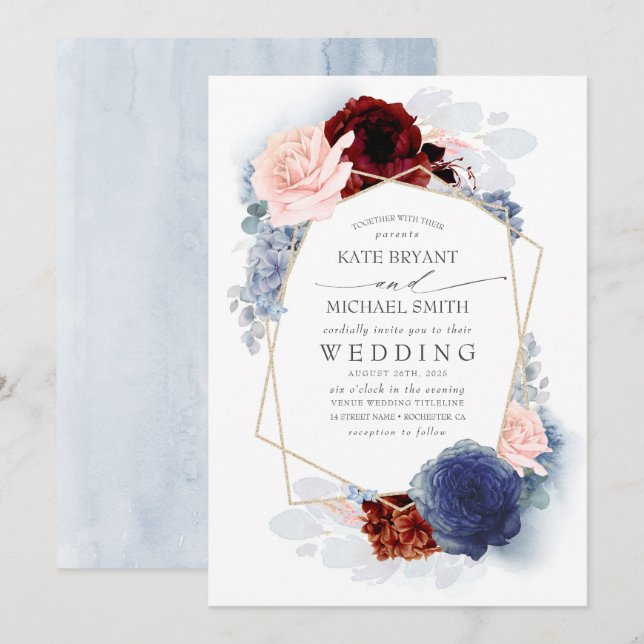 Blush Burgundy Navy Blue Floral Wedding Einladung (Vorne/Hinten)
