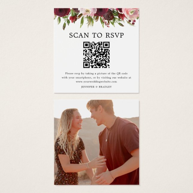 Blush Burgundy QR Code photo Mariage carte RSVP (Devant & derrière)