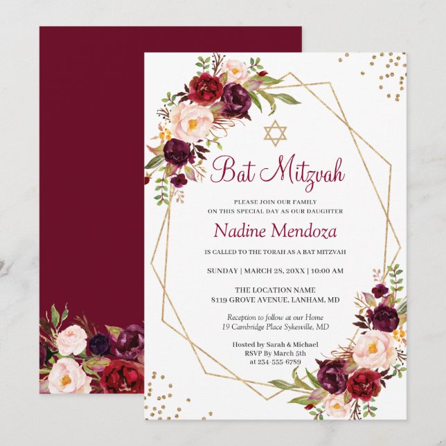 Blush Burgundy Red Floral Geometric Bat Mitzvah Einladung (Vorne/Hinten)