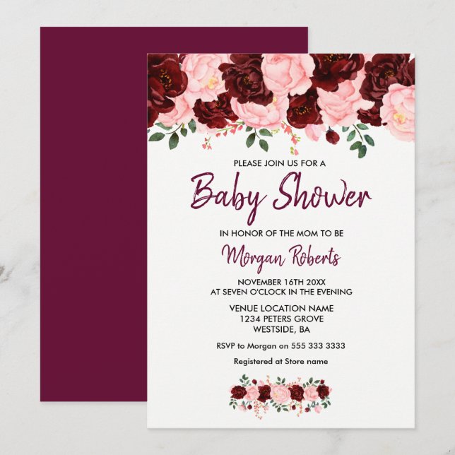 Blush Burgundy Rose Baby Shower Script einladen Einladung (Vorne/Hinten)
