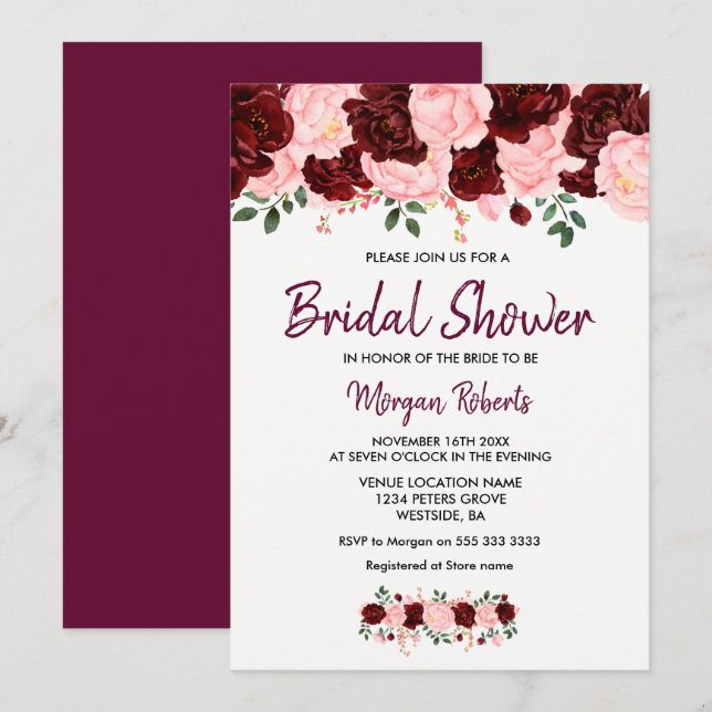 Blush Burgundy Rose Brautparty Script einladen Einladung (Vorne/Hinten)