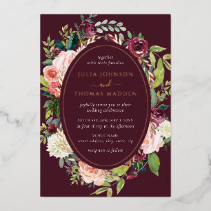 Blush Burgundy Rose Gold Floral Foliage Hochzeit Folieneinladung