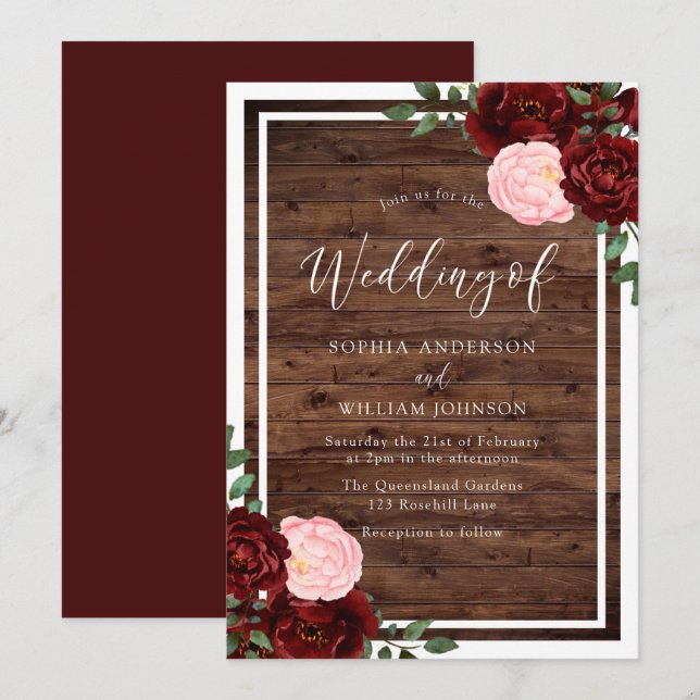 Blush & Burgundy Rote Rosen Rustikale Holzhochzeit Einladung (Vorne/Hinten)