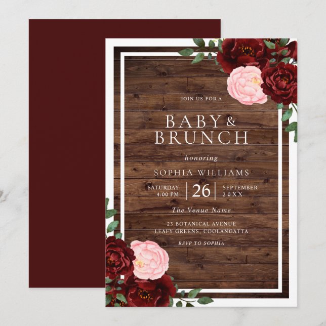 Blush & Burgundy Rote Rosen Rustikale Wood Baby Du Einladung (Vorne/Hinten)