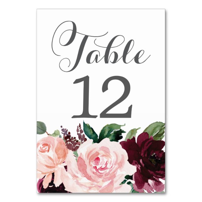 Blush Burgundy Tischkarten Hochzeiten Tischnummern (Vorderseite)