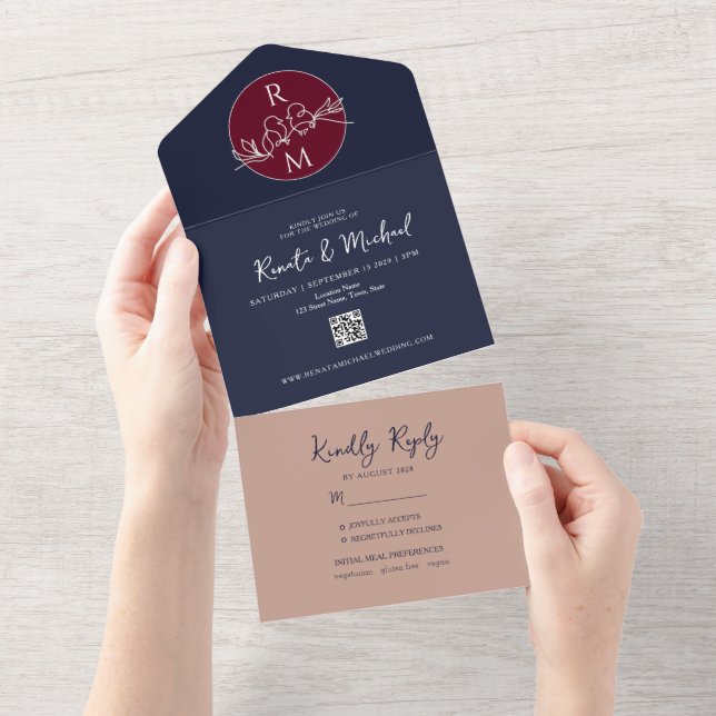 Blush Burgundy und Navy Blue Wedding All In One Einladung (Abreißen)