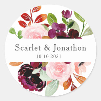 Blush Burgundy Wasserfarben Herbstblütenhochzeit Runder Aufkleber