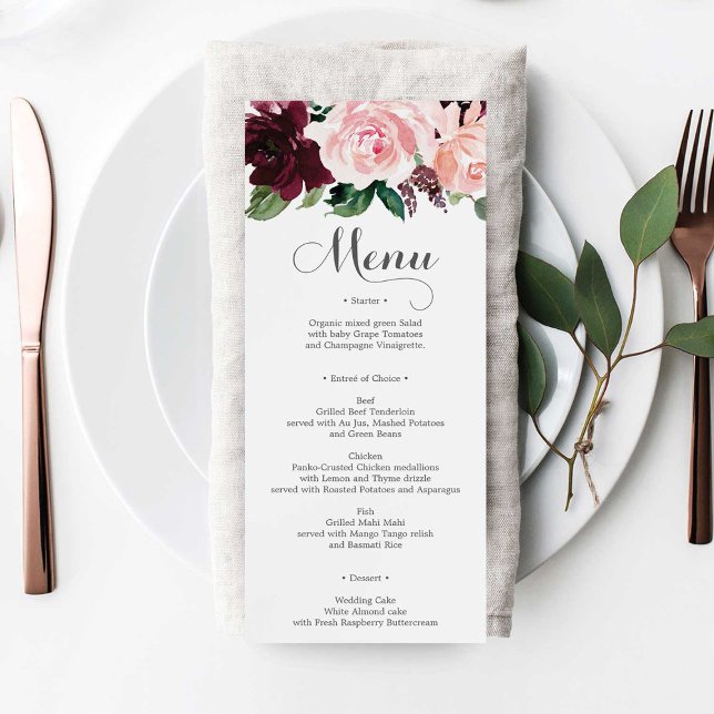 Blush Burgundy Wedding Menu oder Brautparty Menu Einladung (Von Creator hochgeladen)