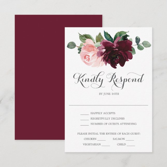 Blush Burgundy Wedding RSVP Card Einladung (Vorne/Hinten)