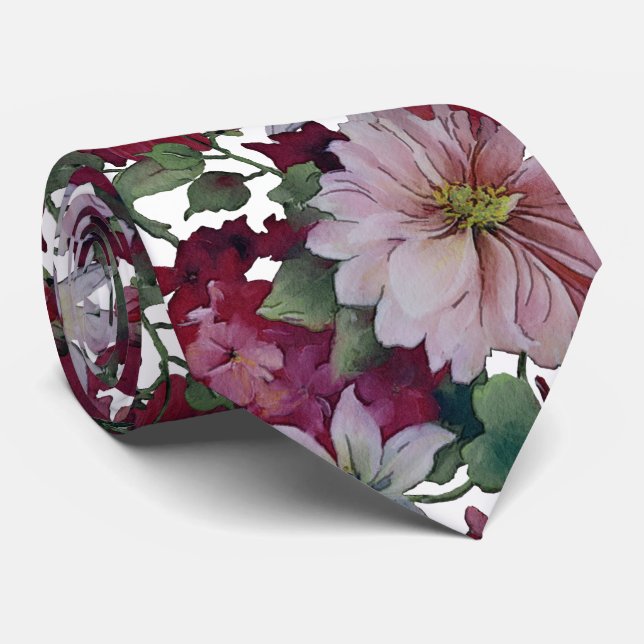 Blush Burgundy White Floral Wedding Krawatte (Gerollt)