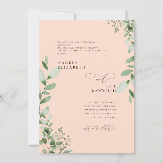 Blush Cascading Greenerity Wedding Beide Eltern In Einladung (Vorderseite)