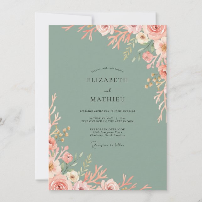 Blush Celadon Blütenhochzeit Einladung (Vorderseite)