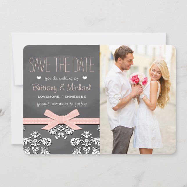 Blush Chalkboard Spitze und Bow Save the Date Card (Vorderseite)