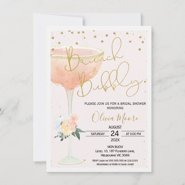 Blush Champagne Brunch Bubbly Brautparty Einladung (Vorderseite)