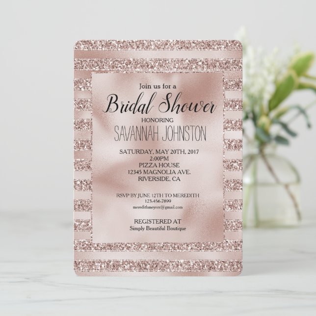 Blush Champagne Pink Glitzer Glam Streifen Einladung (Stehend Vorderseite)