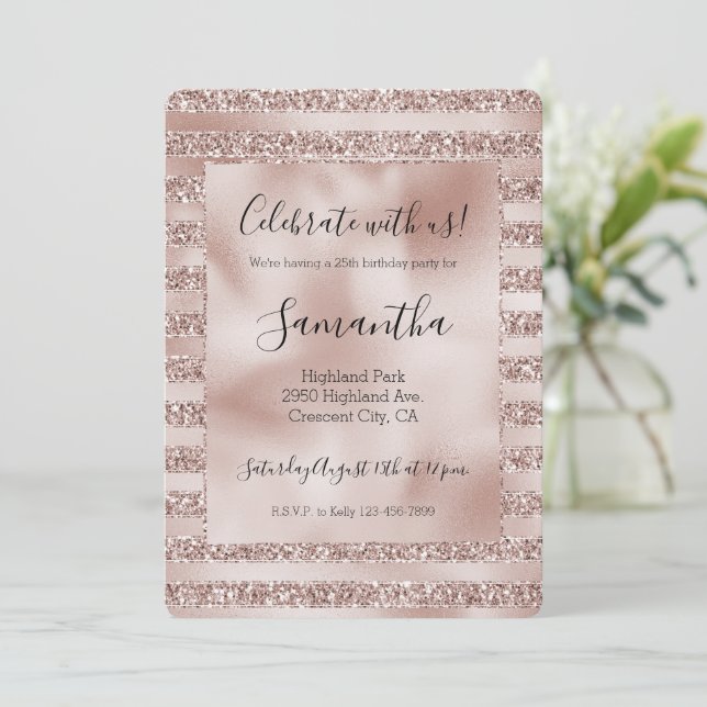 Blush Champagne Pink Glitzer Glam Streifen Einladung (Stehend Vorderseite)