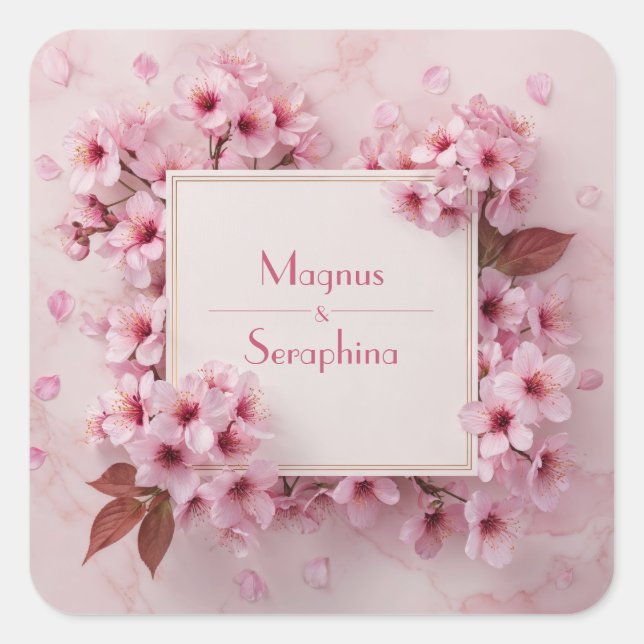 Blush Cherry Blossom Wedding Quadratischer Aufkleber (Vorderseite)