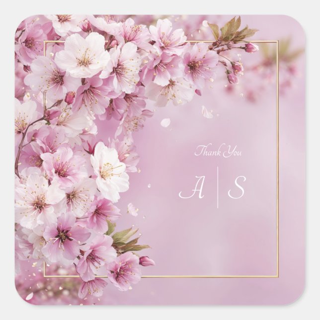 Blush Cherry Blossom Wedding Quadratischer Aufkleber (Vorderseite)