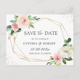 Blush Chic Floral Gold Geometric Save the Date Postkarte