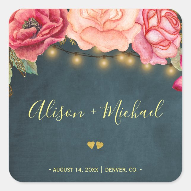 Blush chic peonies marine chalkboard herzen Hochze Quadratischer Aufkleber (Vorderseite)