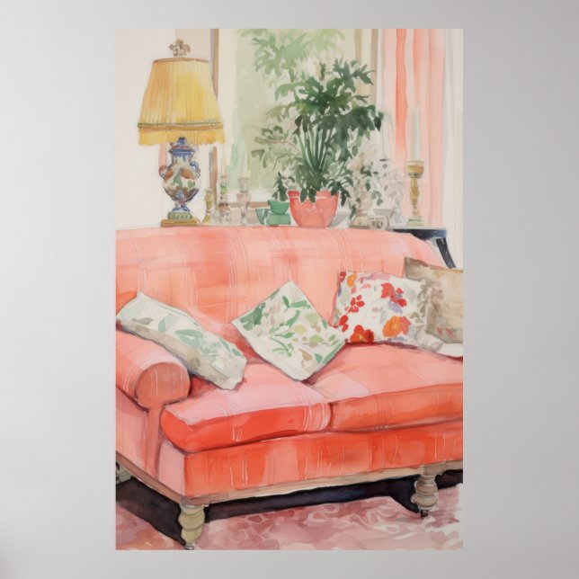 Blush Comfort – Watercolor Pink Couch Living Room Poster (Vorne)