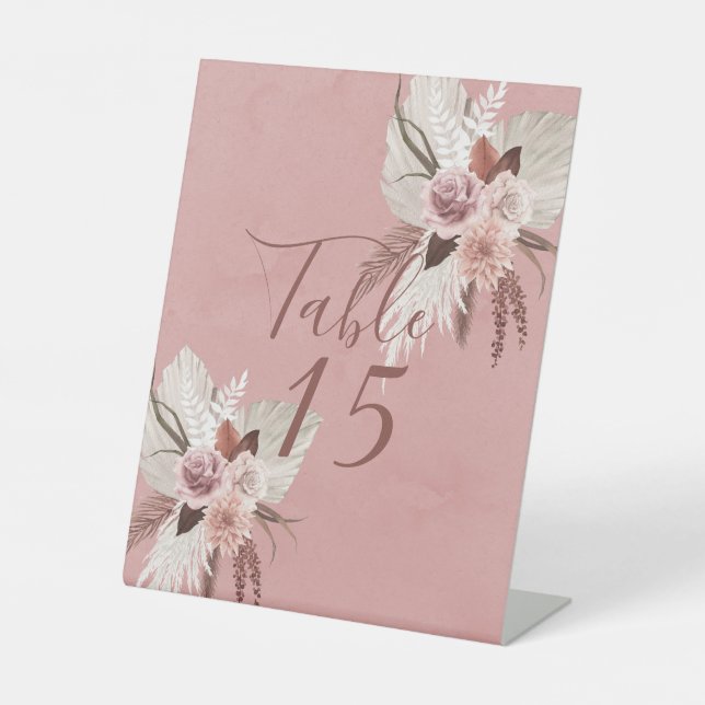 Blush Copper Tropical Pampas Hochzeitssonne Tischn Sockelschild (Vorderseite)