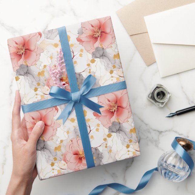 Blush Coral Gray Floral Wedding Geschenkpapier (Schenken)