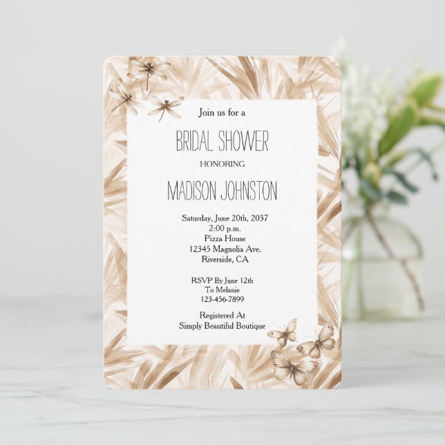 Blush Cream Butterflies Dragonflies Brautparty Einladung (Stehend Vorderseite)