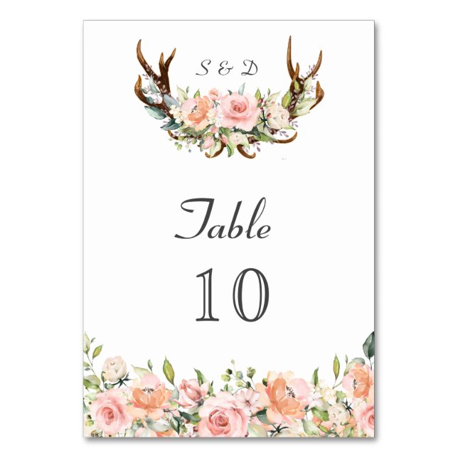 Blush Cream Floral Antlers Handwriting Wedding Tischnummer (Vorderseite)