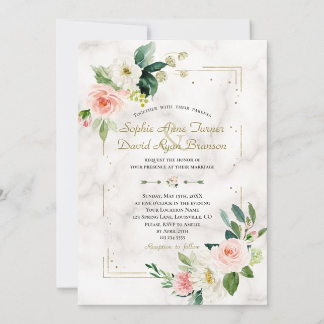 Blush Cream Floral Gold Glitzer Marmorhochzeit Einladung (Vorderseite)