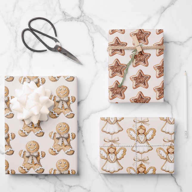 Blush Cream Gingerbread Stars Angels Christmas Geschenkpapier Set (Vorderseite)