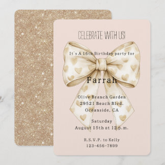 Blush Cream Hearts Bow Gold Glitter Birthday   Einladung