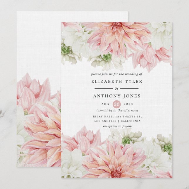 Blush Dahlias Floral Wedding Einladung (Vorne/Hinten)
