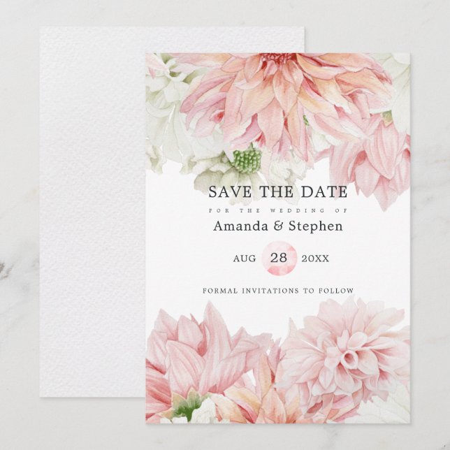Blush Dahlias Floral Wedding Save The Date (Vorne/Hinten)
