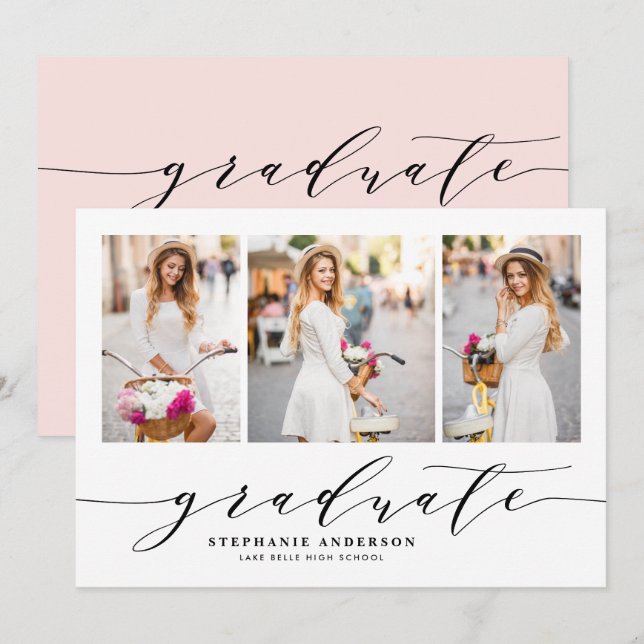 Blush Dainty Script Drei-Foto-Graduierungspartei Einladung (Vorne/Hinten)
