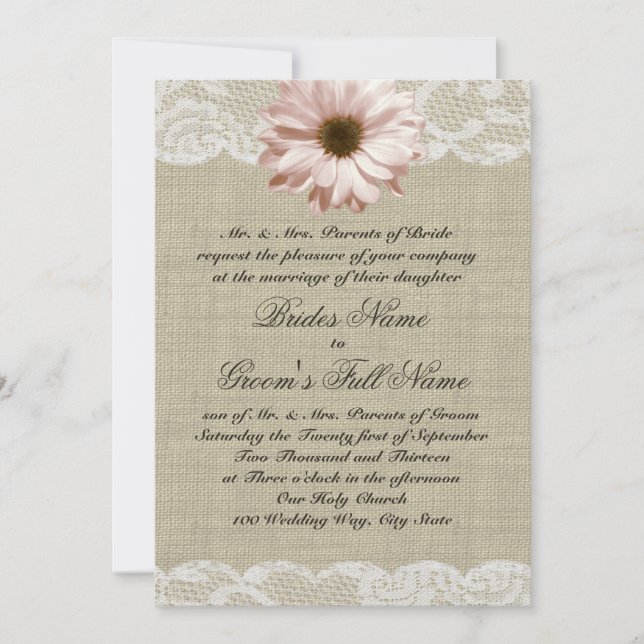 Blush Daisy and Lace Country Burlap Wedding Einladung (Vorderseite)