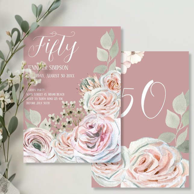 Blush Delicate Aquarellfarben Blume palepink Gebur Einladung (Blush Delicate watercolor flower palepink Birthday Invitation - front and back)